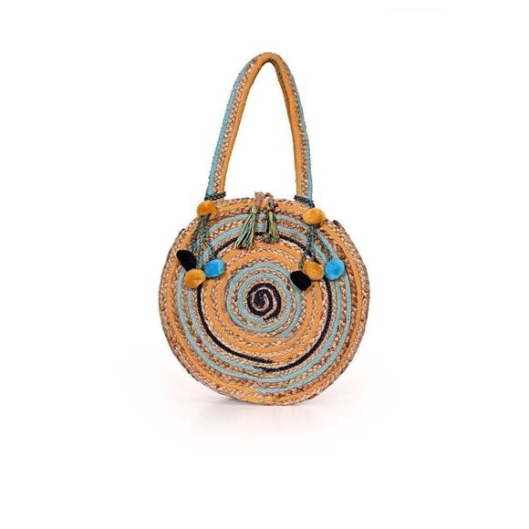 A&B SUNSET STRIPE WOVEN JUTE ROUND BOHO BEACH  TOTE - Picture 1 of 14
